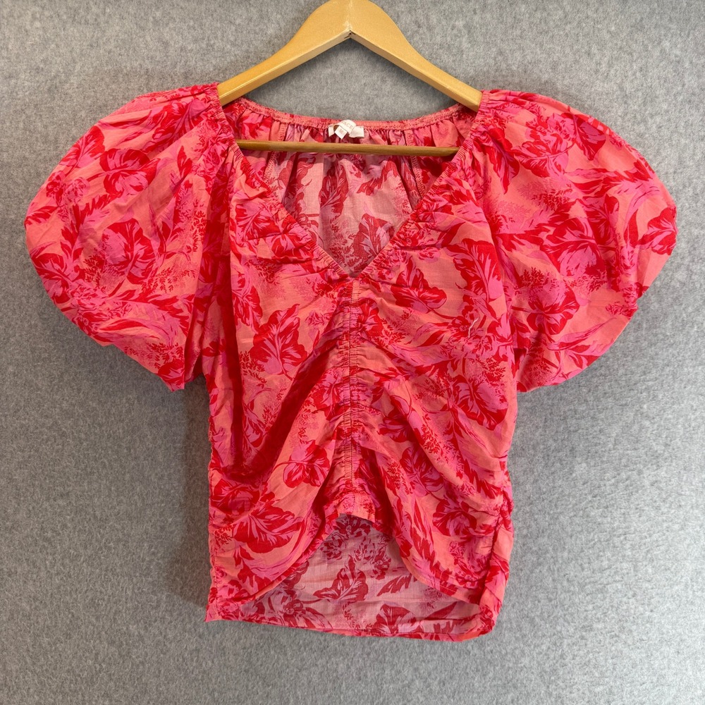 Olivaceous Floral Top Pink Red Ruched V Neck SS Puff Sleeve Blouse‎ Size Medium
